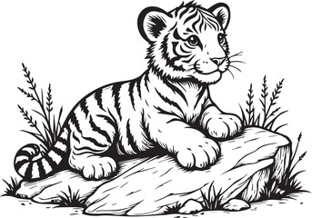 Obraz premium Tiger Cub on Rock: A charming, line art illustration depicts a playful tiger cub perched atop a textured rock, surrounded by detailed blades of grass, inviting a sense of curiosity and charm