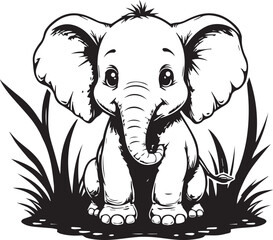 Cheerful Elephant in Nature: A charming cartoon elephant sits contentedly amongst blades of grass, inviting a sense of joy and simplicity in the wildlife setting.