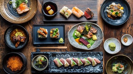An assortment of gourmet sushi and Japanese dishes artistically arranged on rustic wooden tableware.