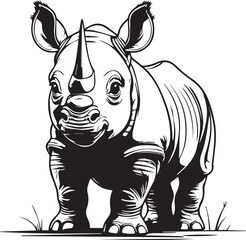 Baby Rhino's Bold Stance: A charming black and white illustration captures a young rhinoceros standing proudly, exuding innocence. The image showcases the rhino's horn and expressive eyes.