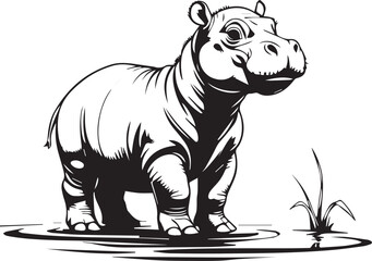 Hippopotamus Silhouette: A stunning black and white rendering of a hippopotamus standing in calm water, it captures the essence of the animal's form and texture.