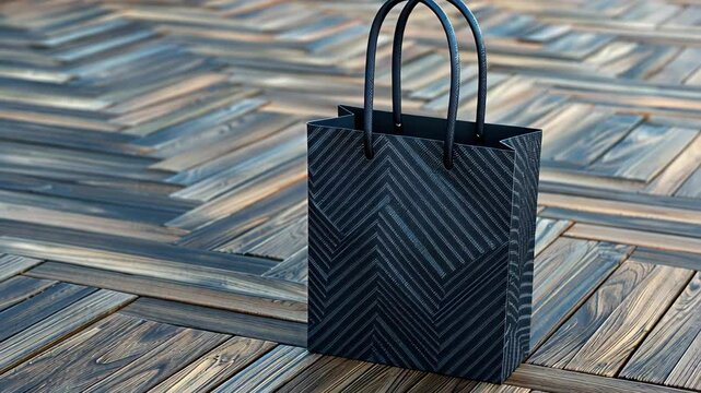 Black Shopping Bag on Wood Floor: Elegant black shopping bag with subtle striped pattern rests on a stylish herringbone wood floor, blending modern retail with classic design.