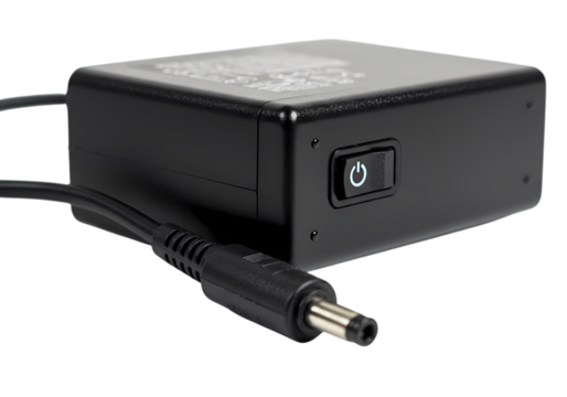 Compact Electronic Power Supply Unit with OnOff Switch and DC Connector isolated on transparent background