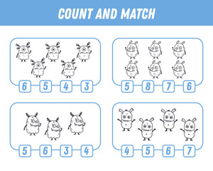 Education game for children count and match of cute cartoon monsters, printable worksheet. Funny monster. Vector illustration
