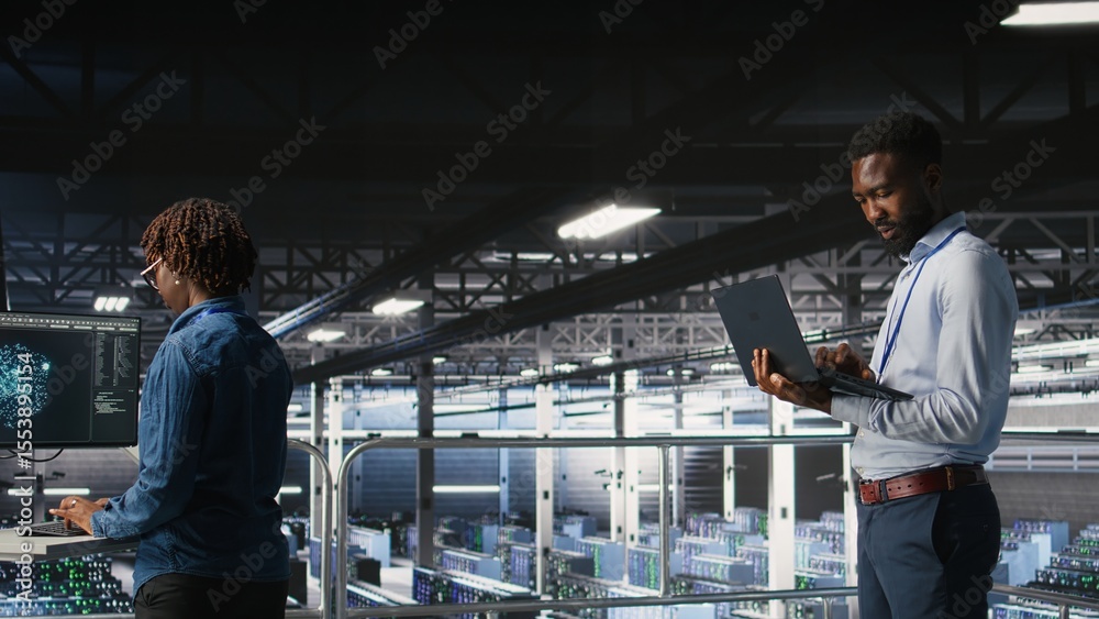 Poster data center engineering team on industrial platform collaborating to maintain blade servers. technic