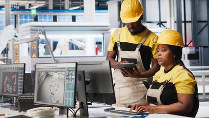 African american team of employees doing quality control on pc, troubleshooting and fixing technical issues for solar panel production at the factory. Coworkers inspecting system. Camera A.