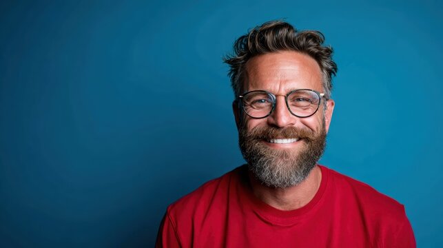 A joyful bearded man wearing glasses and a red t-shirt beams with confidence against a blue background, radiating warmth and optimism, ideal for lifestyle and personal branding.
