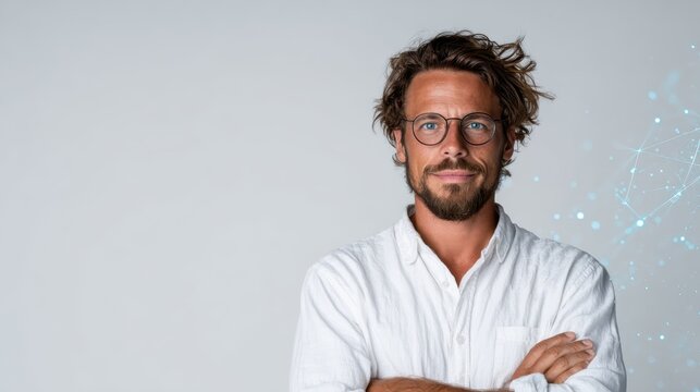 A confident man with glasses and tousled hair strikes a thoughtful pose, showcasing style and assurance, representing modern professionalism and creativity in a vibrant setting.