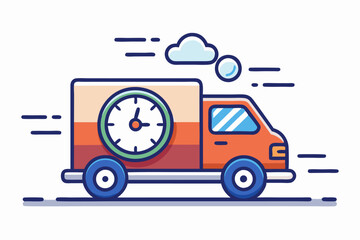Fast delivery truck icon with a clock, symbolizing express shipping and 24/7 service. Ideal for online delivery apps, websites, and logistics. Clean vector design with a moving cargo van.