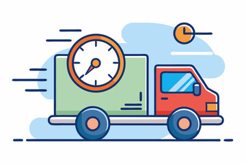 Shipping fast delivery truck with clock. Online delivery service. Express delivery, quick move. Fast shipping truck for apps and websites. Line cargo van moving fast. Chronometer, fast service 24 7