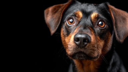 Fototapeta premium The image captures an intimate close-up of a dog's face with expressive eyes and ears, conveying emotion and connection set against a dark background.