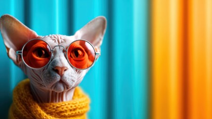 A playful Sphynx cat wearing round sunglasses poses confidently in front of vibrant teal and orange backgrounds, highlighting its unique features and fashion sense.