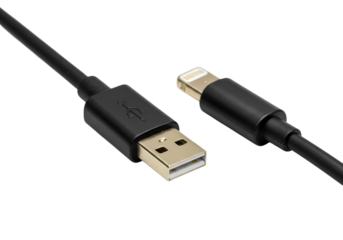 A CloseUp View of a Black USBA to MiniUSB Cable isolated on transparent background
