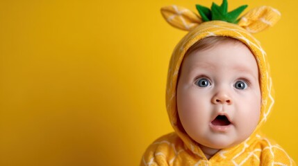 An adorable baby wearing a pineapple-themed outfit exhibits a surprised expression against a bright yellow backdrop, capturing the unease and joy of early childhood.