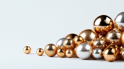 An array of shimmering gold and silver decorative balls creates a stunning visual display, highlighting artistic elegance with a festive and modern touch against a simple backdrop.