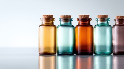 A set of five charming glass bottles in various colors arranged elegantly, highlighting their transparency and simple beauty, ideal for decorative purposes or artistic inspiration.