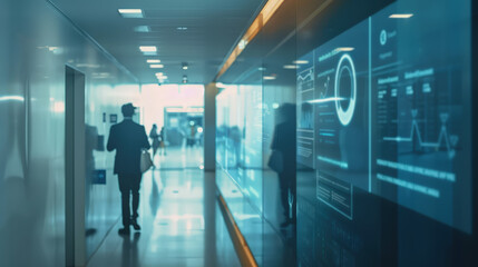 A man in a suit walks down a modern, brightly lit hallway with large digital screens on the wall displaying business data and infographics. His reflection is visible on the screens