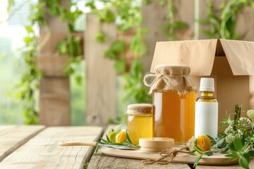 Jars of honey, propolis and medicinal herbs showing sustainable and ecological beekeeping