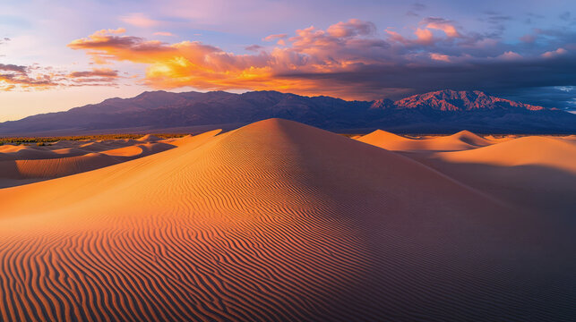 Wind-sculpted sand dunes glow with orange and pink hues under a dramatic sunset sky. Distant mountains complete this vast, serene desert landscape, evoking a sense of ancient beauty