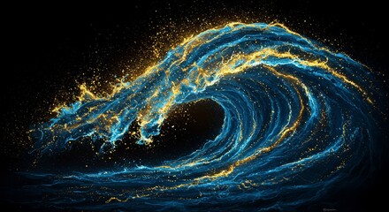 Abstract Blue and Gold Wave Background with Glowing Particles on Black Canvas