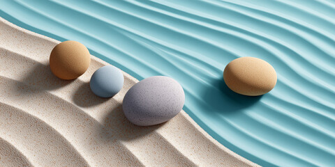 Zen-Inspired stones on abstract sand and water background. Minimalist spheres on rippling blue and sand surface, Calm and Balance