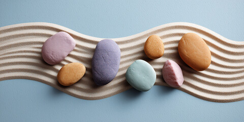 Zen-Inspired stones on abstract sand and water background. Minimalist spheres on rippling blue and sand surface, Calm and Balance