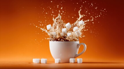 An exciting action shot capturing the moment soda splashes out of a pristine white cup, surrounded by scattered sugar cubes against a vibrant orange backdrop, evoking fun.