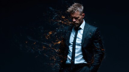 A dramatic portrayal of a man in a suit, surrounded by a captivating swirl of light and shadows, creating an ethereal atmosphere as he reflects on his thoughts.