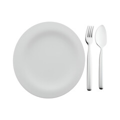 A simple white plate accompanied by a fork and spoon, designed for dining purposes.