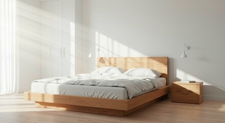 Bright bedroom with wooden bed frame and white bedding in minimalist style