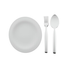 A simple white plate accompanied by a fork and spoon, designed for dining purposes.