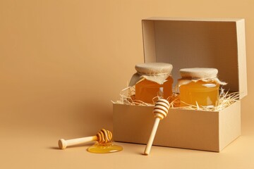 Honey jars with wooden dippers and cardboard box on beige background