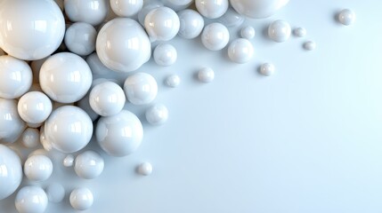 An artistic representation of white spheres in varying sizes creates an intriguing abstract composition, symbolizing balance, unity, and the beauty of simplicity.