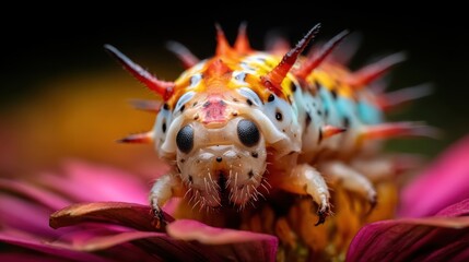 An astonishingly detailed close-up of a vibrant, spiky insect perched on a vibrant flower, revealing the intricate textures and patterns of nature's creativity.