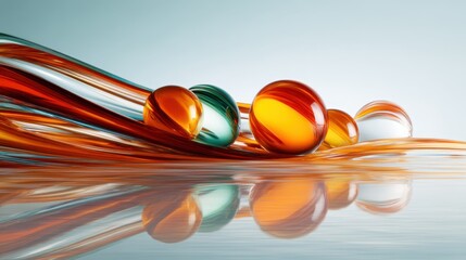 An abstract representation of colorful glass marbles flowing gracefully in a smooth wave, highlighting their vibrant colors and reflective surfaces in a dynamic composition.