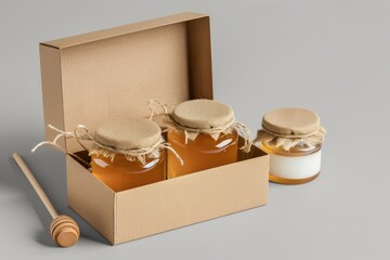 Honey jars inside and outside of a cardboard box with a wooden dipper
