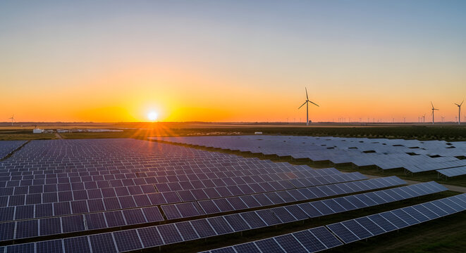 Time-lapse style concept of the sun moving over a solar farm, energy cycle theme

