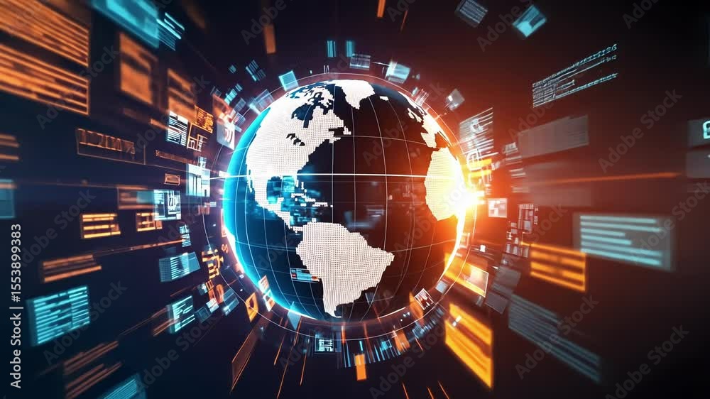 Poster global digital data is being processed and transferred around planet earth, creating a futuristic an