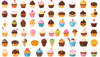 A colorful array of various cupcakes, donuts, and ice cream cones, displayed in neat rows against a white background; each dessert features vibrant frosting and toppings