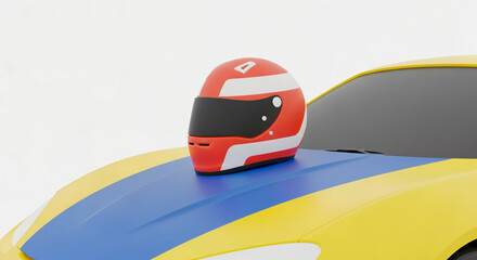 Fototapeta premium Animated rendering of a red racing helmet with a visor and white stripes sitting on the hood of a yellow and blue car.