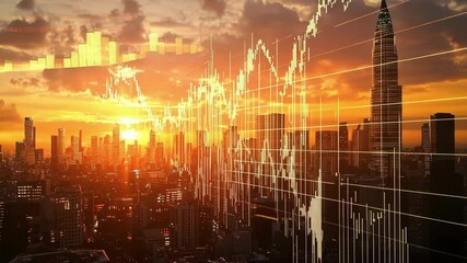 Illuminated cityscape at sunset with a superimposed stock market graph, symbolizing economic growth and financial success in a vibrant urban environment - Powered by Adobe