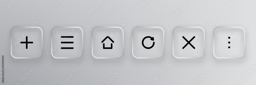 Leinwandbilder Set of black UI icons on square liquid glass buttons. User interface elements vector design for web and mobile apps menu.