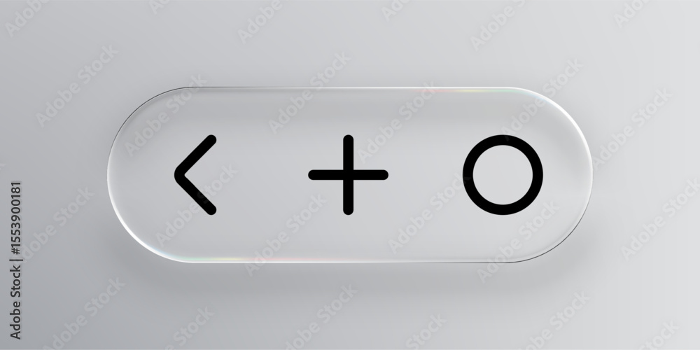 Poster Clear liquid glass button with minus, plus, and circle symbols for modern user interface design element.