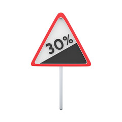 A triangular warning sign indicating a 30% slope, typically used in road safety to alert drivers of steep inclines.
