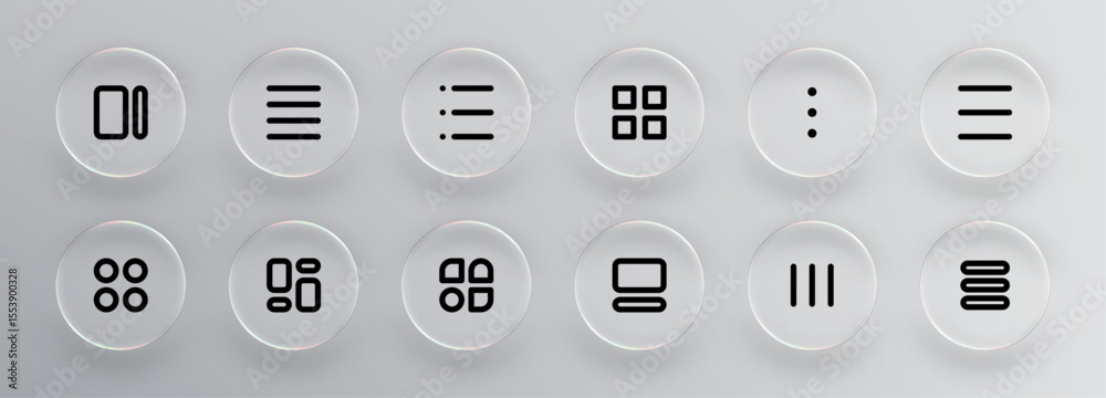 Poster Liquid glass vector effect on round buttons with abstract universal interface icons. Modern glassmorphism style for web and app design element.