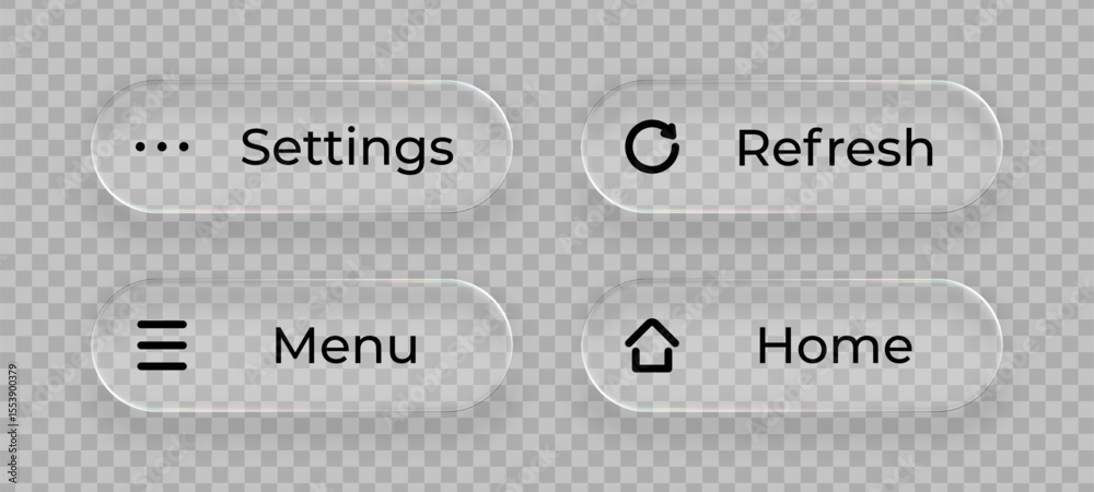 Poster Liquid glass UI buttons feature settings and menu with home and refresh icons for digital interface design.