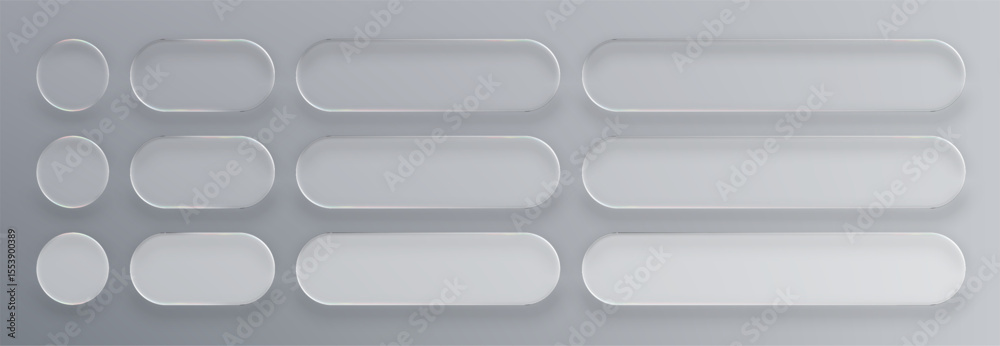 Aufkleber Glass button set with clear rounded rectangle and circle elements. Translucent ui web design component for modern interface.