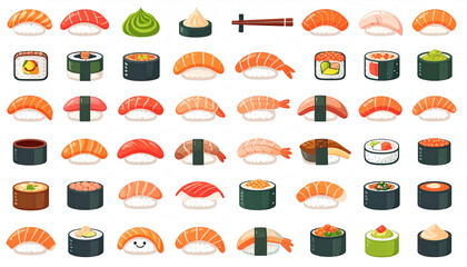A colorful collection of various sushi and nigiri pieces, including salmon, shrimp, and vegetable options, displayed against a white background with chopsticks and wasabi
