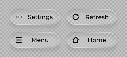 Liquid glass UI buttons feature settings and menu with home and refresh icons for digital interface design.