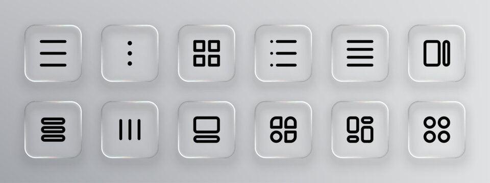 Collection of app interface icons as liquid glass vector, user friendly design set for modern digital applications